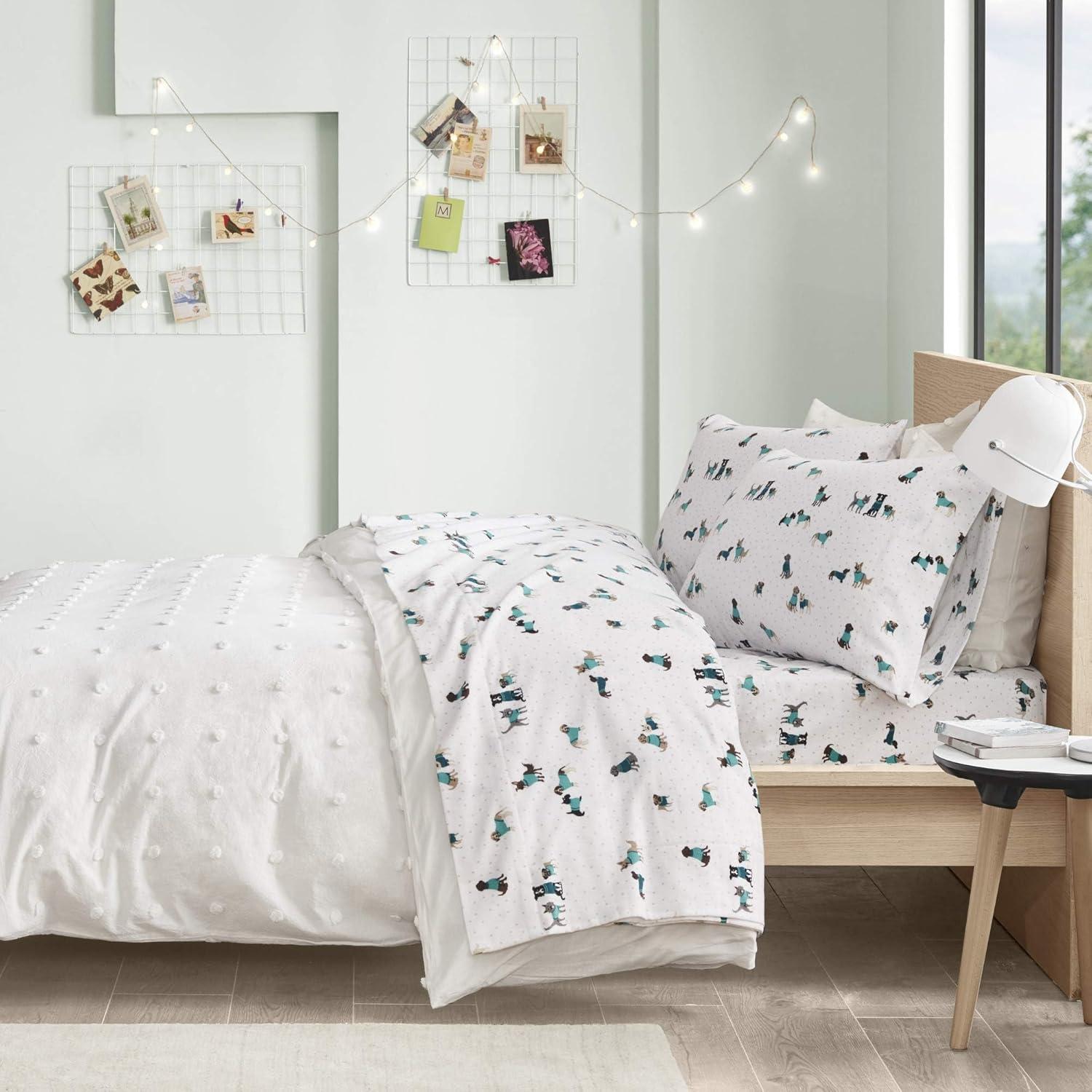 Teal Dogs Full Cotton Flannel Sheet and Pillowcase Set