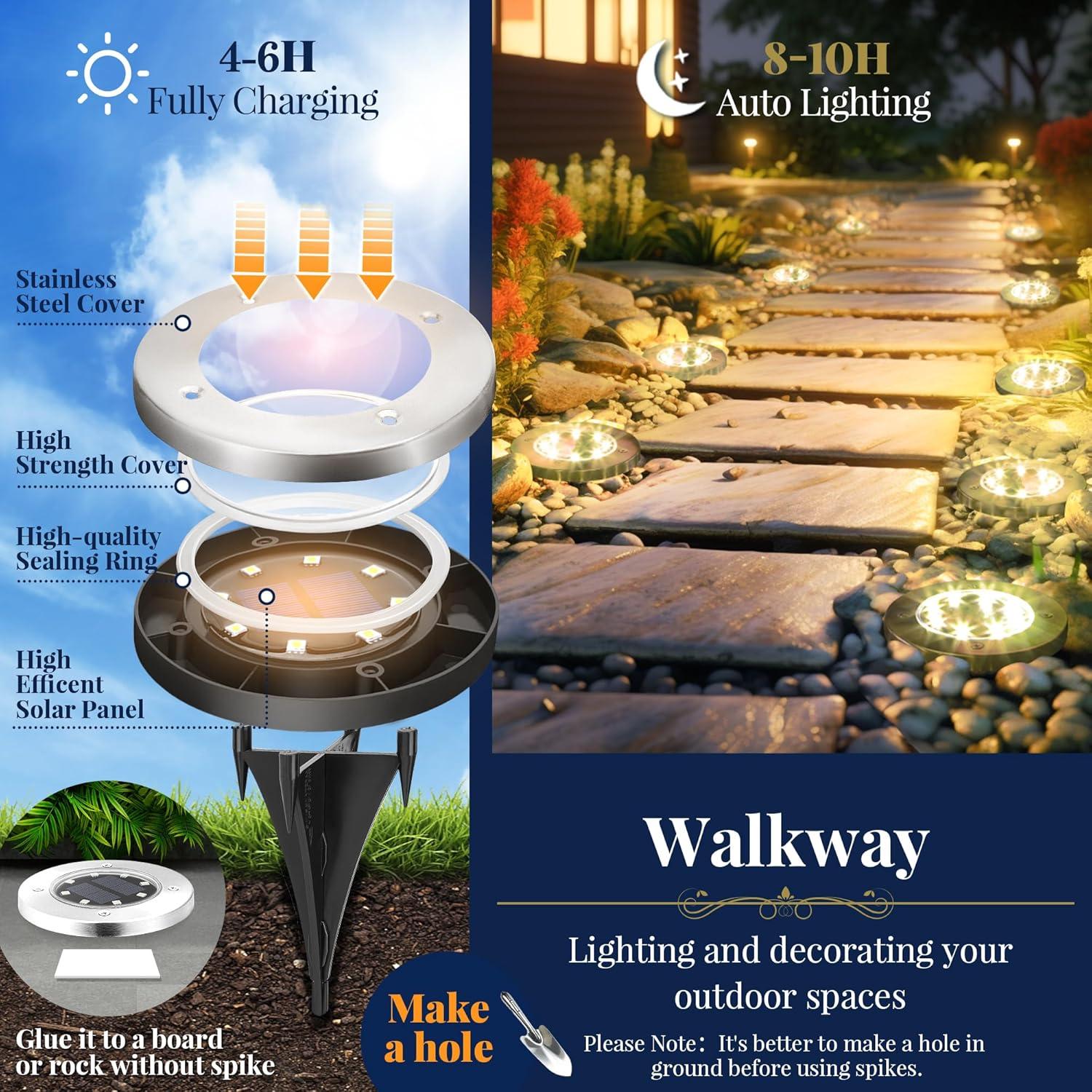 12 Pack Cool White Solar Ground Lights Outdoor Garden Pathway Waterproof Landscape Lighting