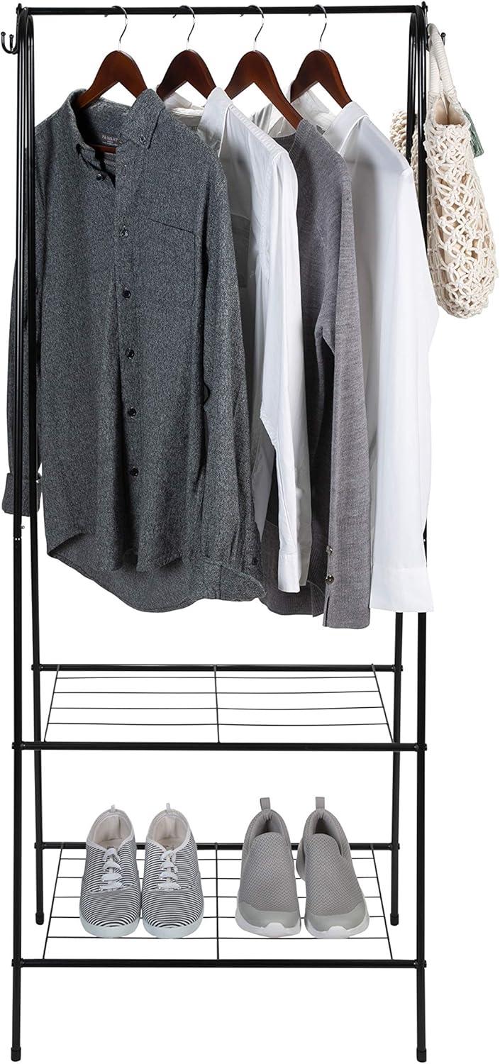 Organize It All Clothing Garment Rack with 2 Shelves and 2 Hooks Black