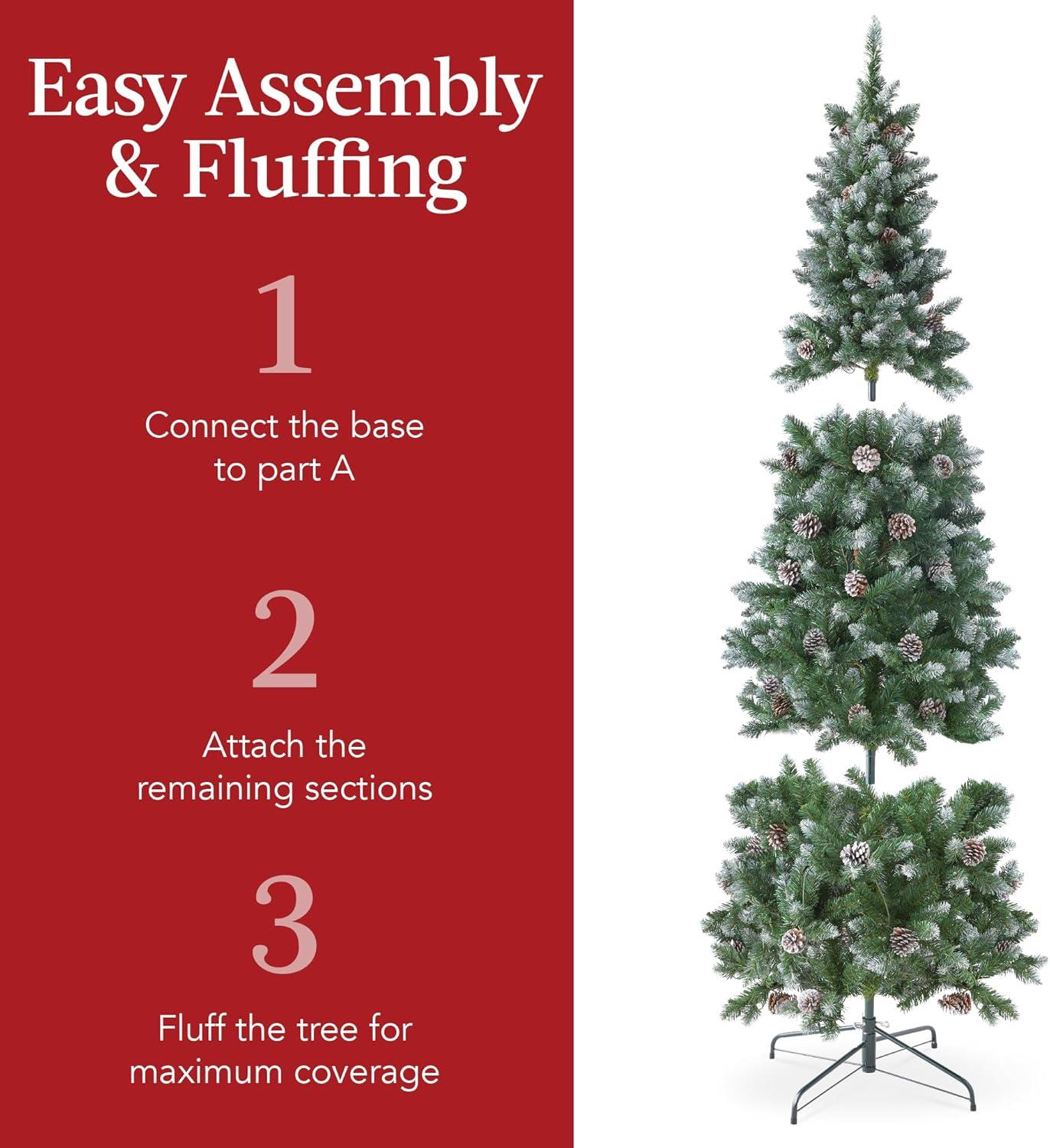 Best Choice Products Pre-Lit Partially Flocked Pencil Christmas Tree w/ Pine Cones, Foldable Stand