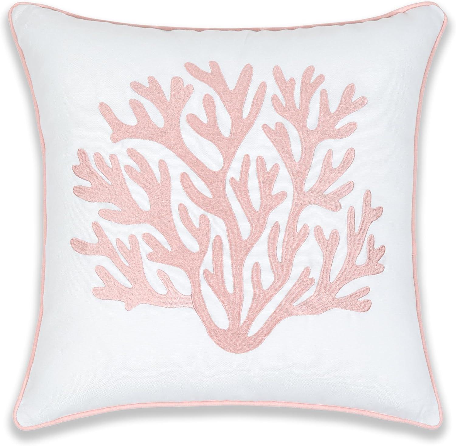 Hofdeco Premium Coastal Patio Indoor Outdoor Throw Pillow Cover Only, 20"x20" Water Repellent for Backyard, Couch, Blush Pink Embroidered Sea Life Coral with Piping