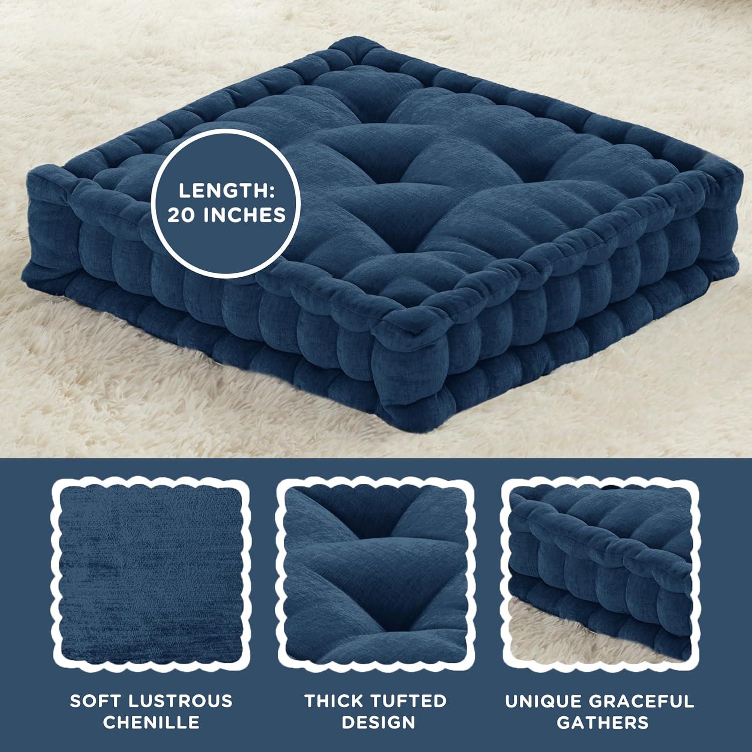 Navy Blue Tufted Chenille Square Floor Pillow with Memory Foam