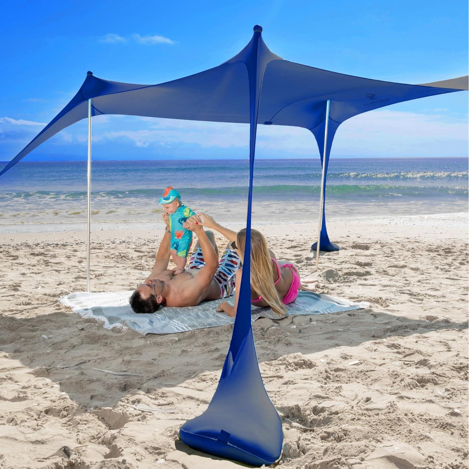 SUN NINJA 7x7.5 FT Pop-Up Beach Tent with Sand Shovel, Pegs & Stability Poles – Navy Blue Sun Shelter for Beach, Camping & Outdoor Use