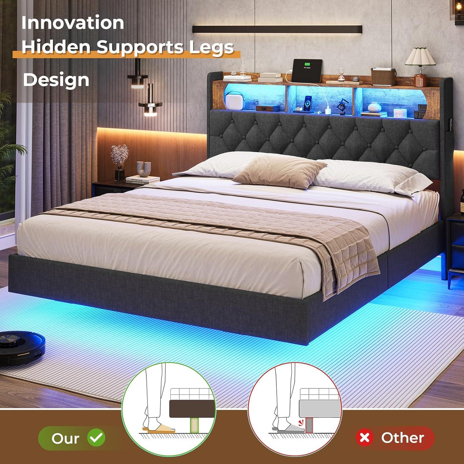 Weiplehoom Full Floating Bed Frame with Storage Headboard and LED Lights, Linen Upholstered Platform Bed with Charging Station, Dark Gray