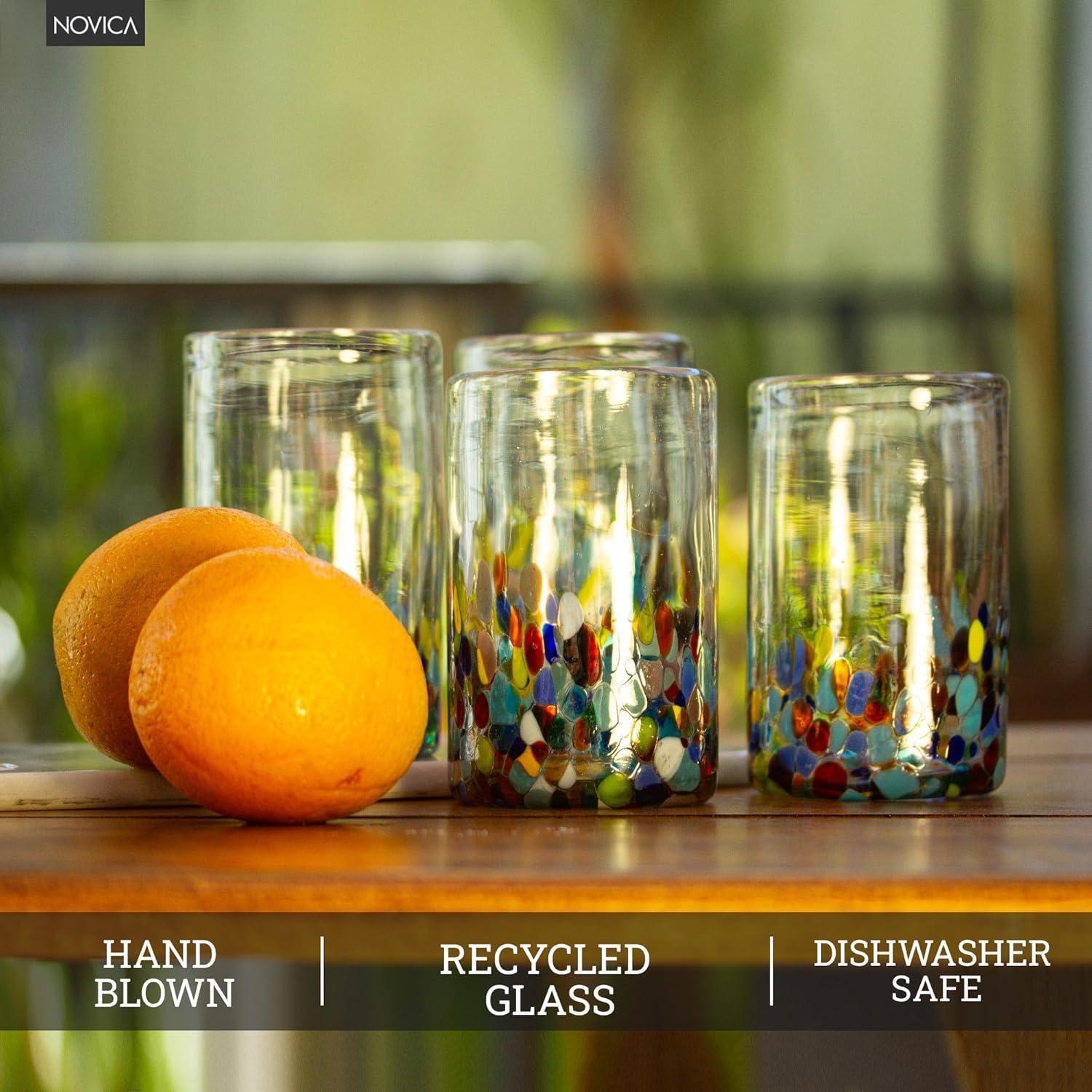 NOVICA Artisan Crafted Recycled Hand Blown Glass Water Glasses, Multicolor, 14 Oz, 'Confetti' (Set Of 6)