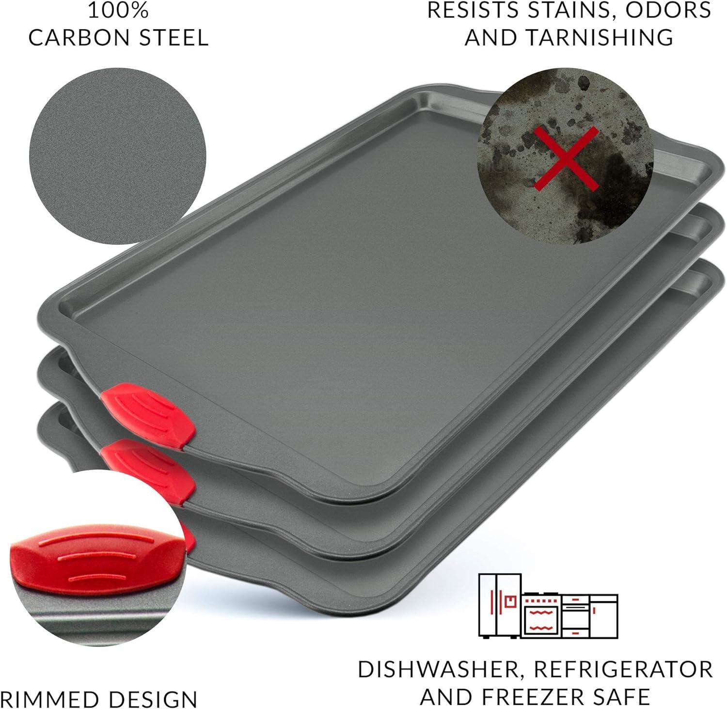 Heavy-Duty Nonstick Gray Sheet Pans with Red Silicone Grips