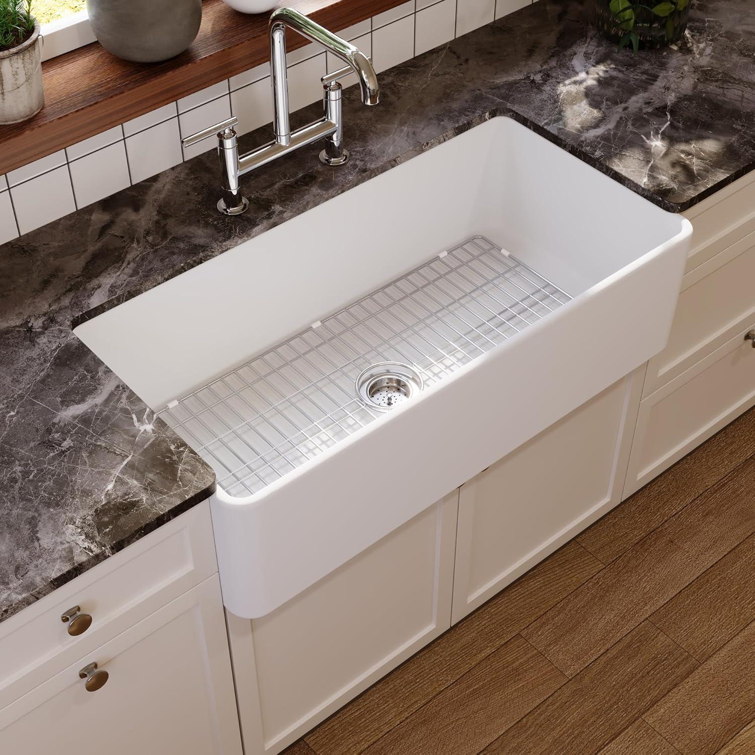 Grove 30" L X 18" W Rectangular White Single Basin Fireclay Farmhouse / Apron Kitchen Sink with Grid and Strainer