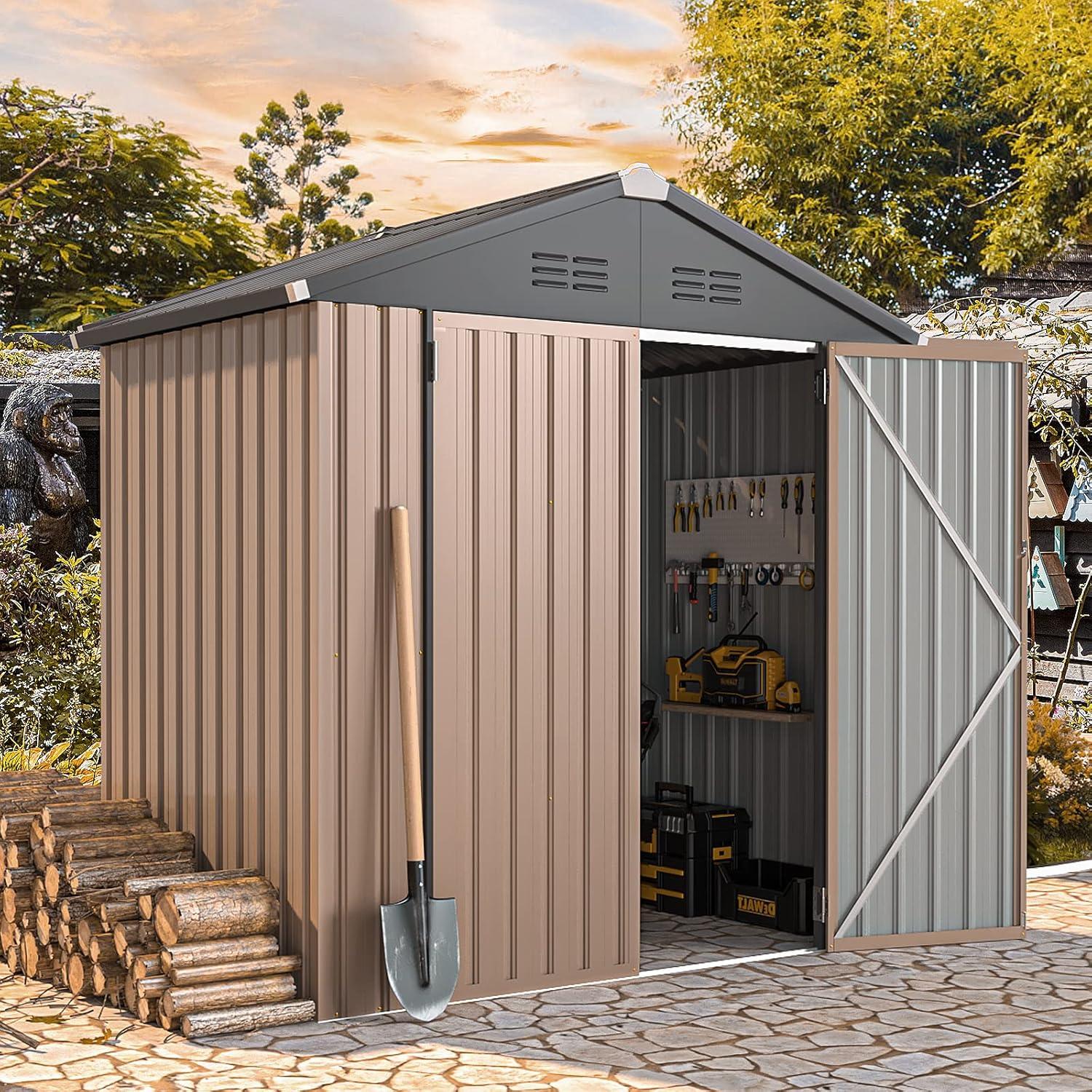 Gray and Brown Metal Outdoor Storage Shed with Lockable Door