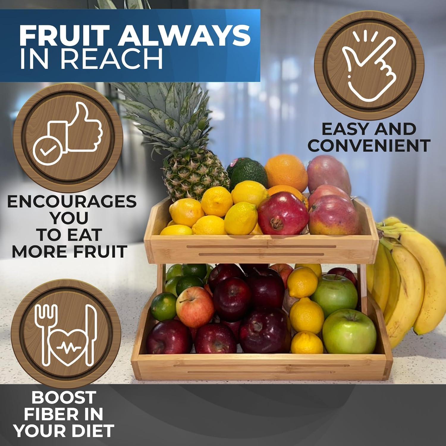 Foundry Select Fruit Basket W/Banana Hanger, 2-Tier Bamboo Fruit & Vegetable Storage Organizer For Kitchen Counter, Lightweight & Easy Assembly Countertop Fruit Stand Holder Bowl