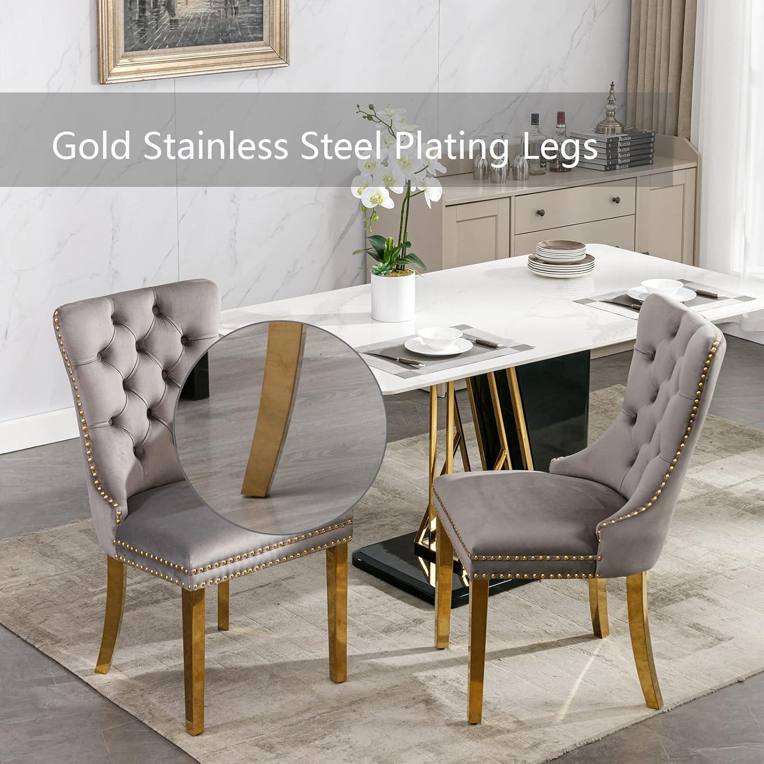 Grey Velvet Dining Chairs Set of 2, Upholstered Dining Room Chairs with Back Ring Pull Trim and Golden Stainless Steel Legs,Modern Kitchen Chairs for Dining Room,Living Room,Kitchen(Grey)