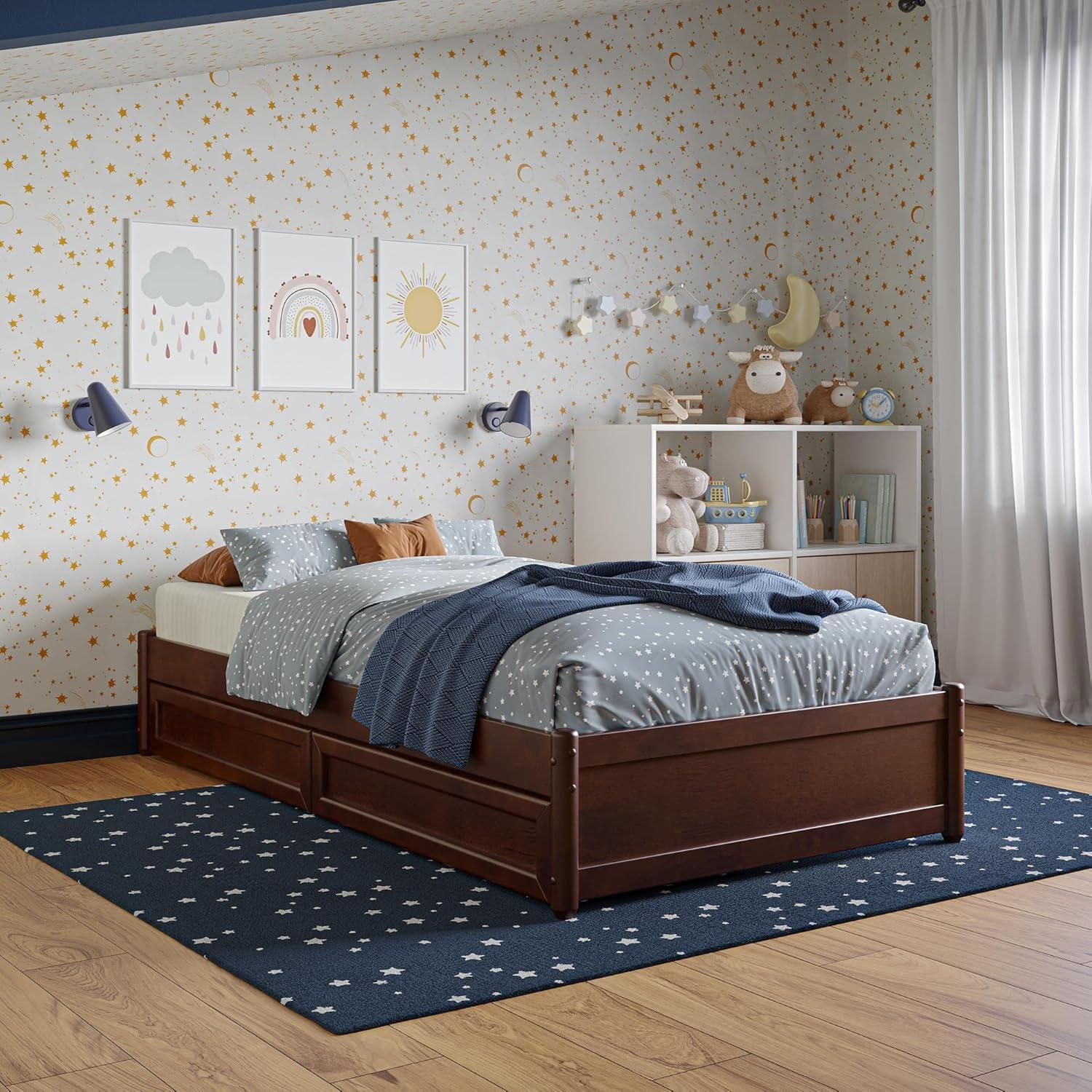 Barcelona King Solid Wood Panel Platform Bed with Storage Drawers in Walnut