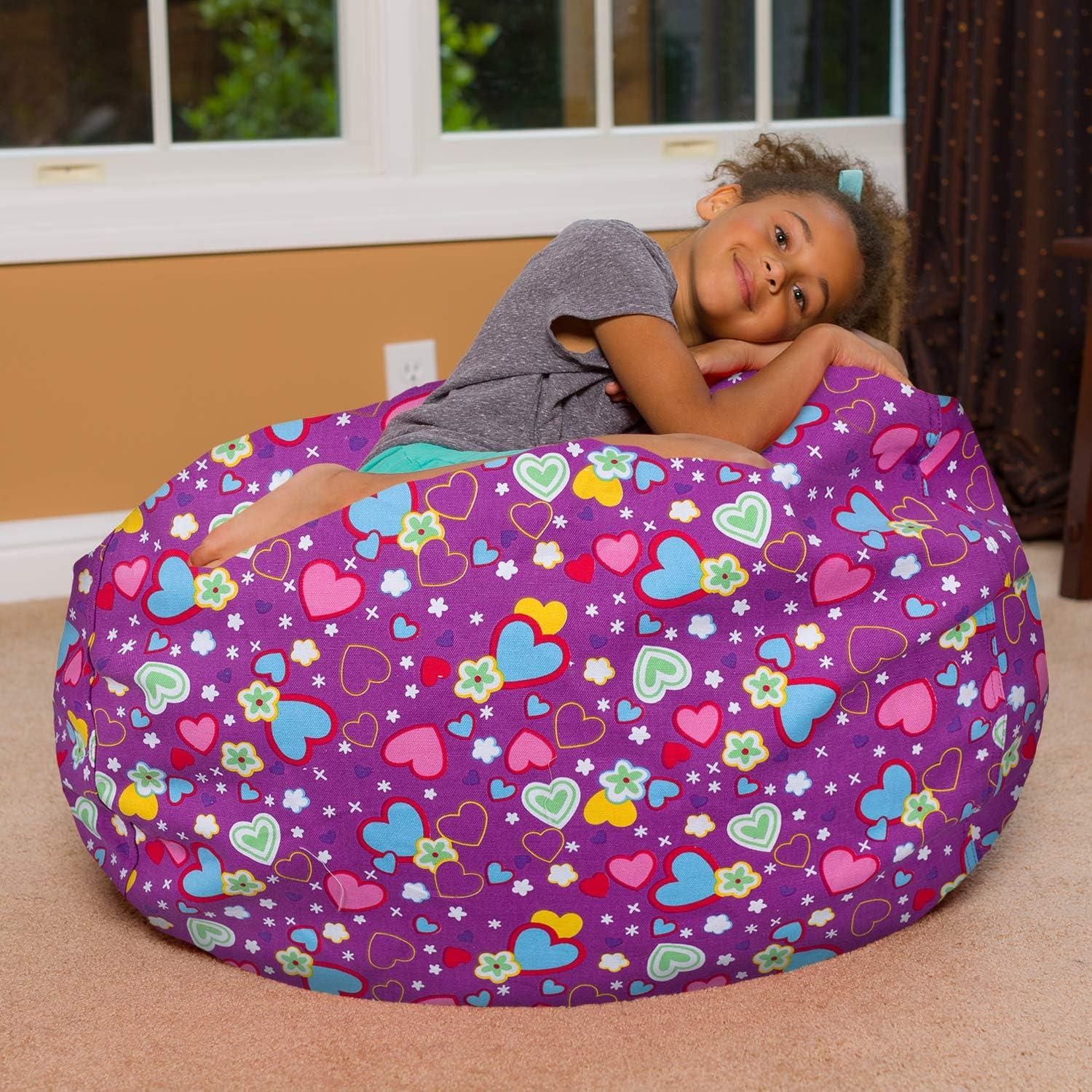 Large Purple Canvas Bean Bag Chair with Multicolor Hearts