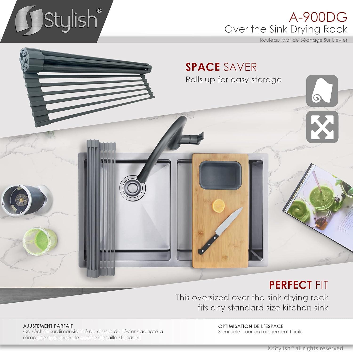 STYLISH Over The Sink Roll Up Dish Drying Rack Heat Resistant Trivet for Drying Dishes and Rinsing Vegetables Dark Grey A-900DG