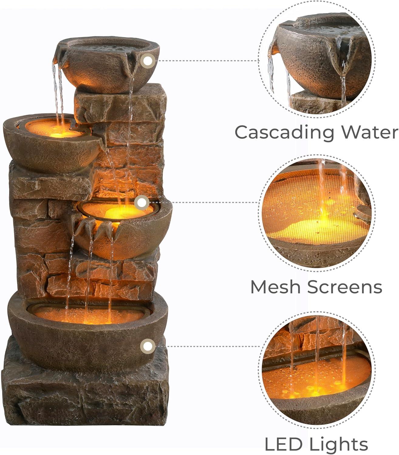 Teamson Home 33.27" Polyresin Cascading Bowls & Stacked Stones LED Fountain: Rust-Resistant, Electric Pump, Ground Freestanding