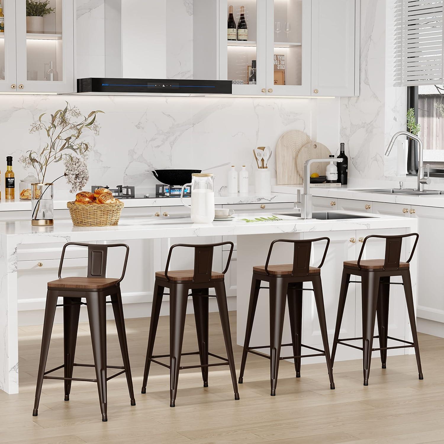 WENTMENT Bar Stools Set of 4 Counter Height Bar Stools Metal Barstools with Removable Back 30" Kitchen Bar Stools with Wooden Seat, Rusty