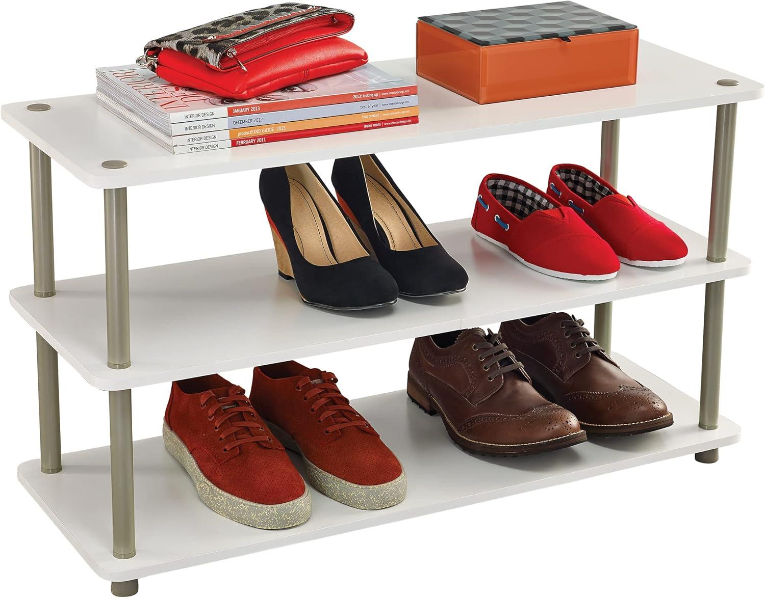 White 3-Tier Wood and Metal Stackable Shoe Organizer