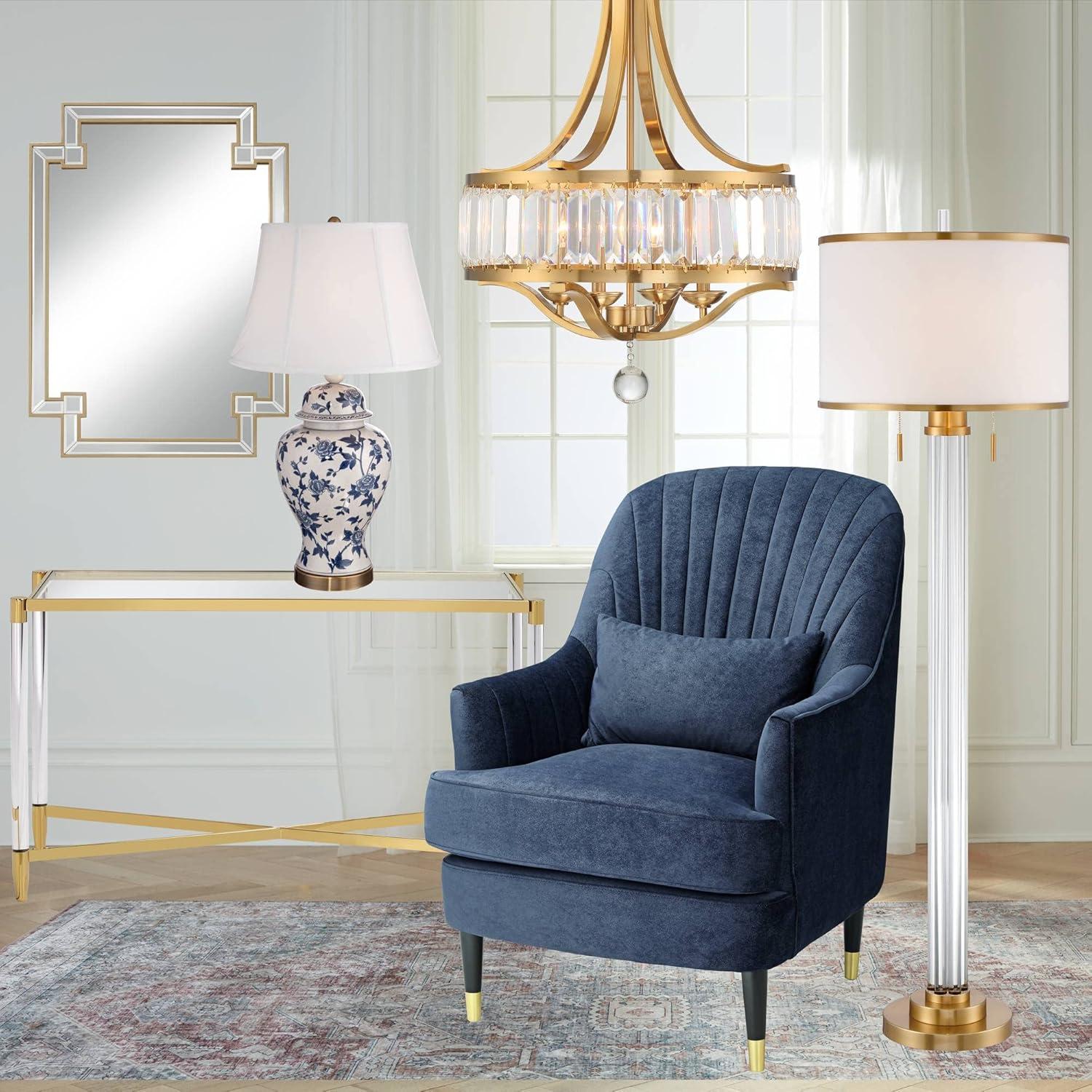 Barnes and Ivy Traditional Table Lamp 25" High Crackle Ceramic Blue and White Rose Vine Temple Jar White Bell Shade for Living Room Family