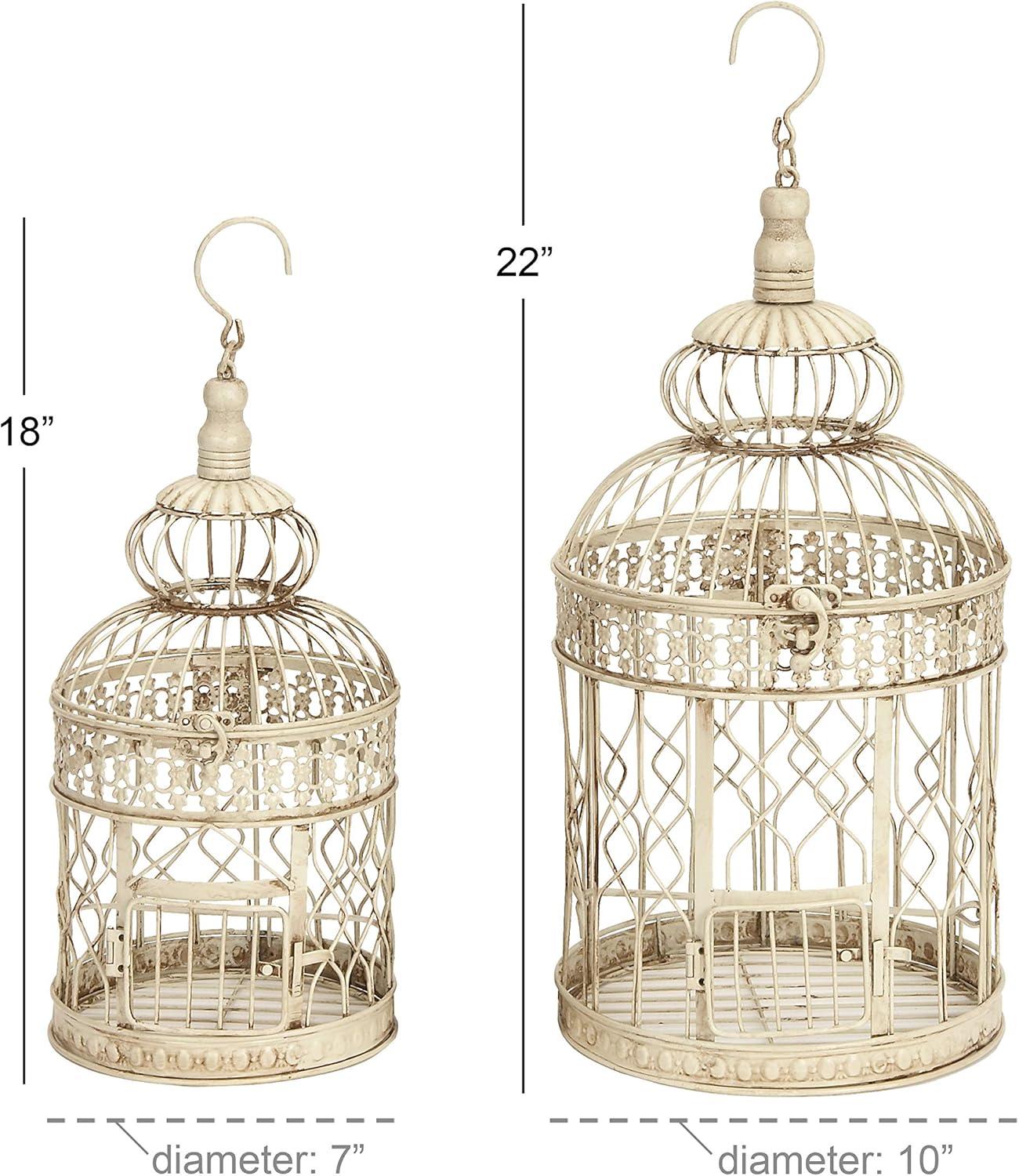 DecMode Hinged Top Cream Metal Birdcage with Latch Lock Closure and Hanging Hook, Set of 2