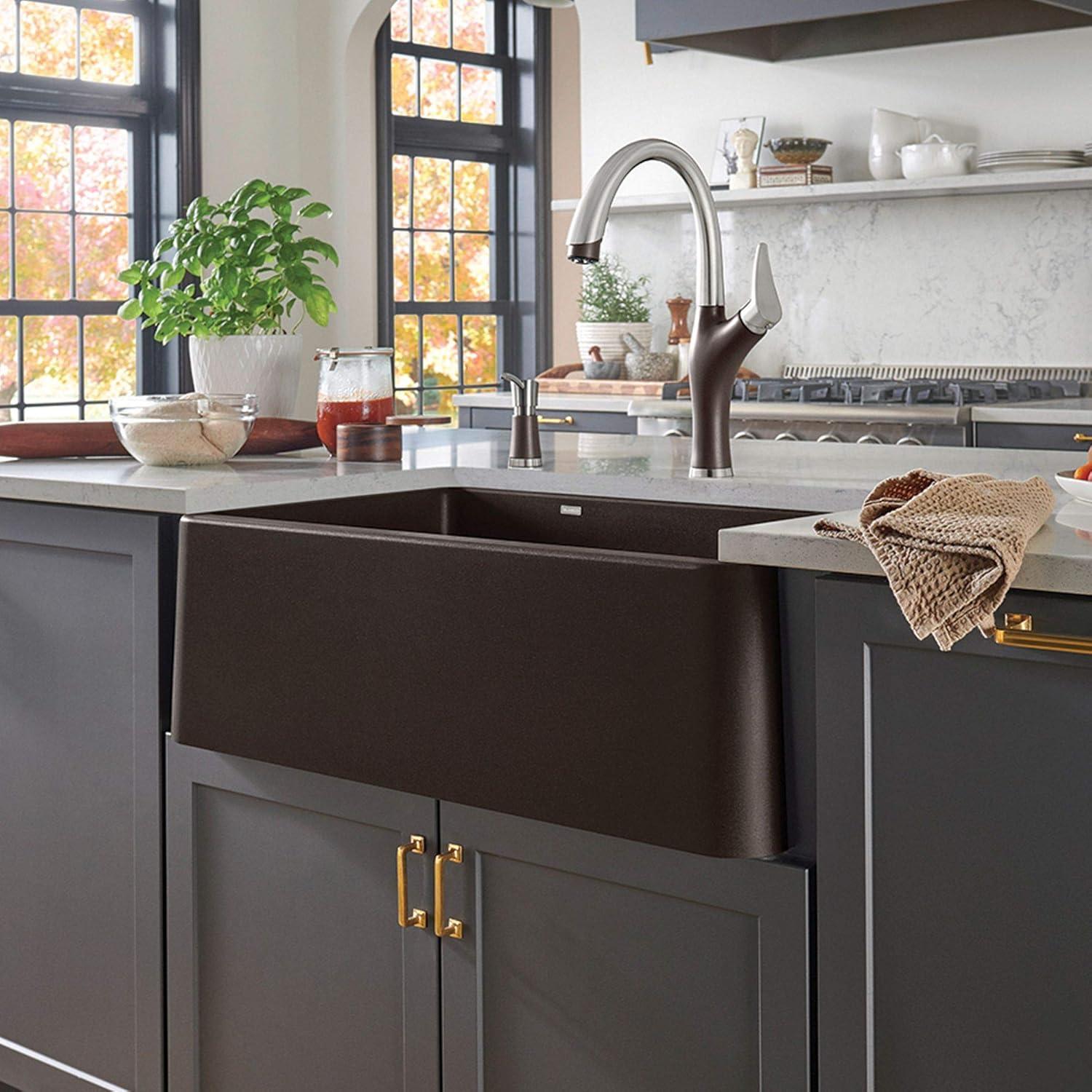 BLANCO, Café Brown 402323 IKON SILGRANIT 60/40 Double Bowl Apron-Front Farmhouse Kitchen Sink, 33" X 19"