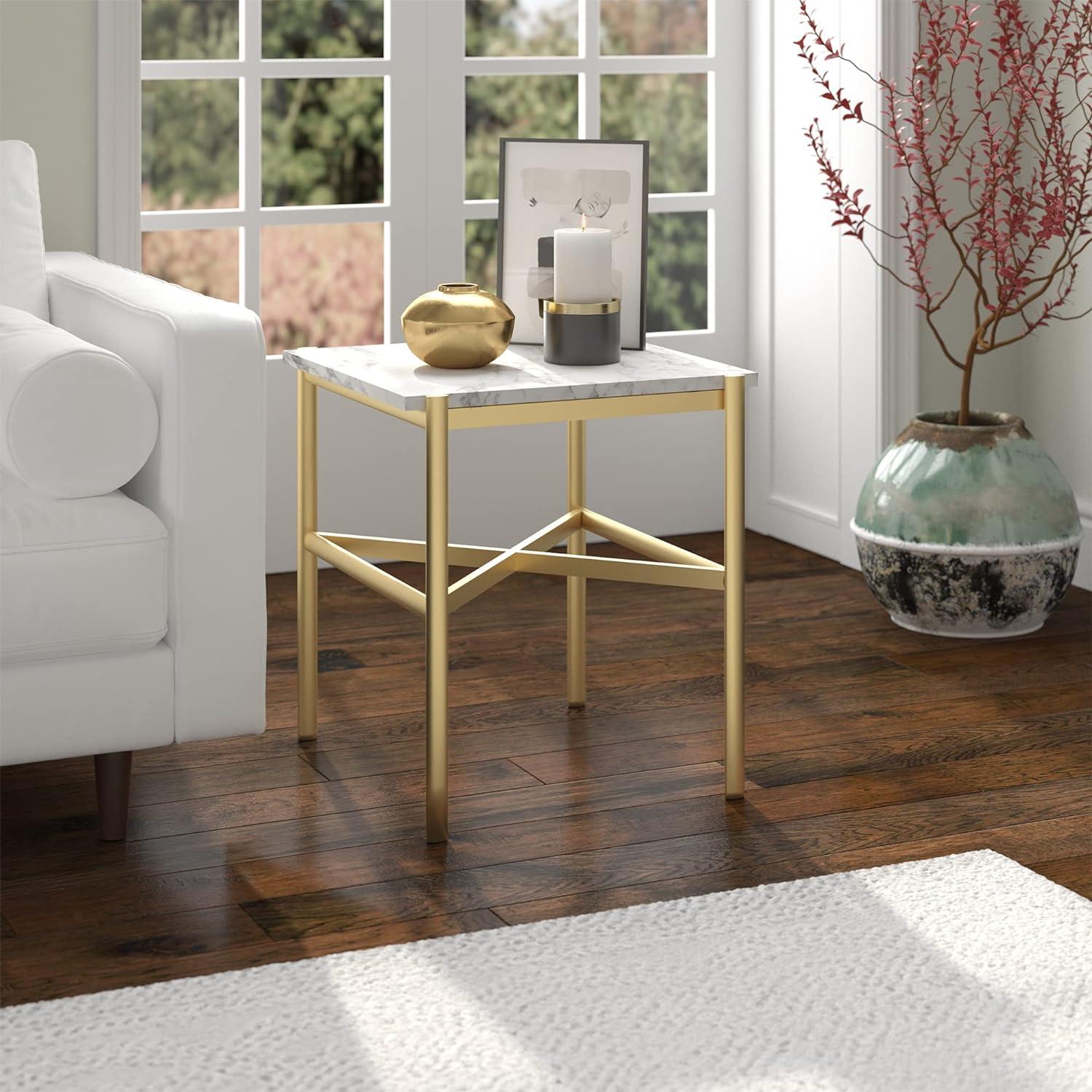 Braxton 20'' Gold Geometric Side Table with Faux Marble Top