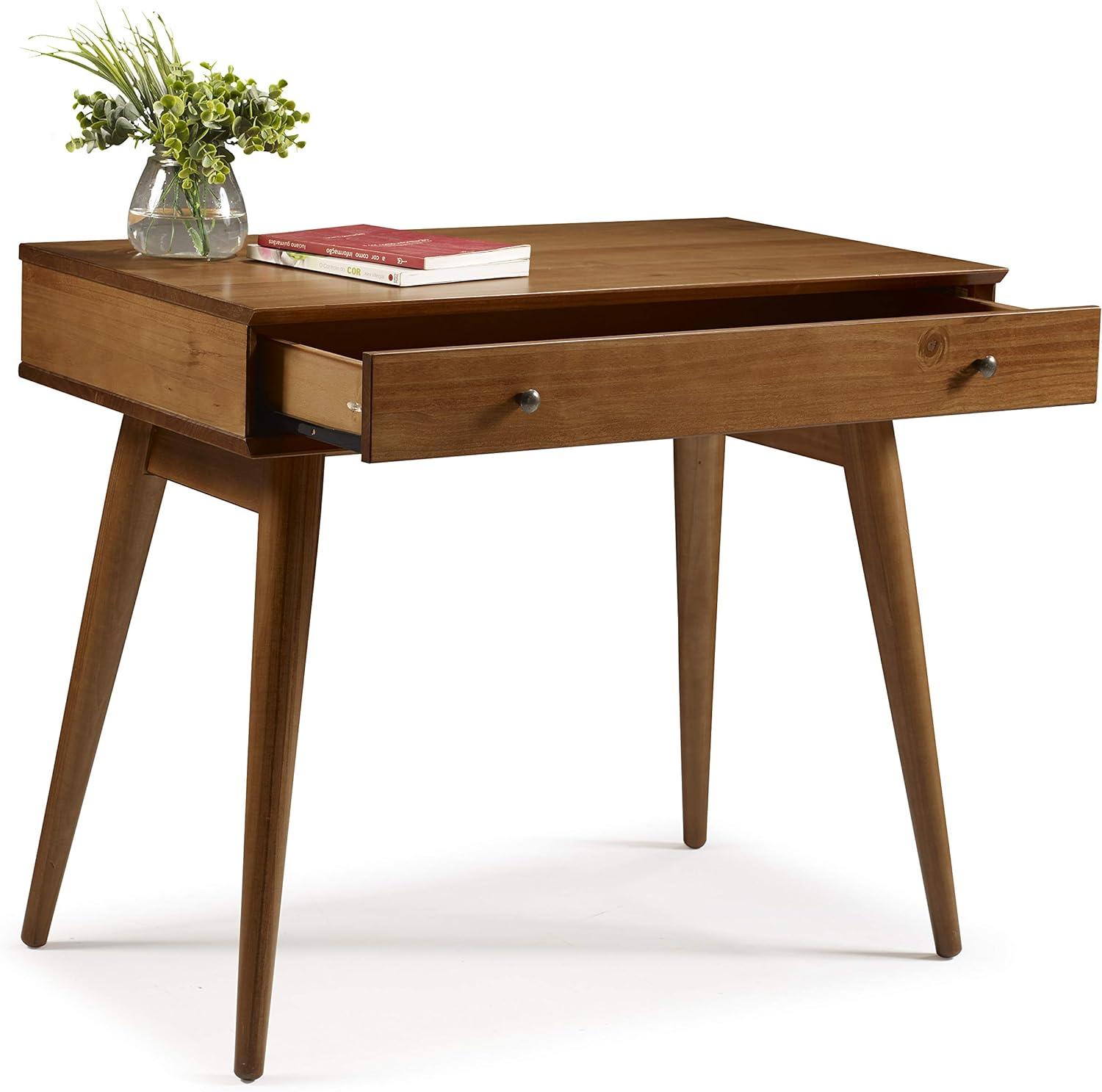 Castanho Brown Mid-Century Modern Solid Wood Writing Desk with Drawer