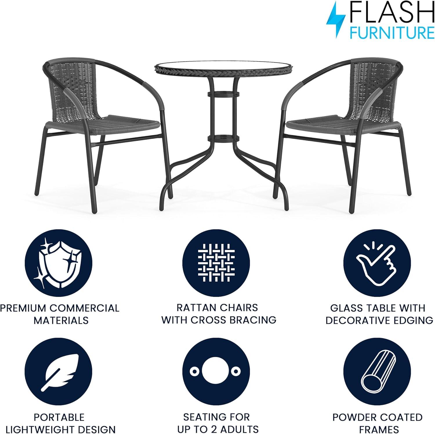 Flash Furniture Lila 28'' Round Glass Metal Table with Gray Rattan Edging and 2 Gray Rattan Stack Chairs