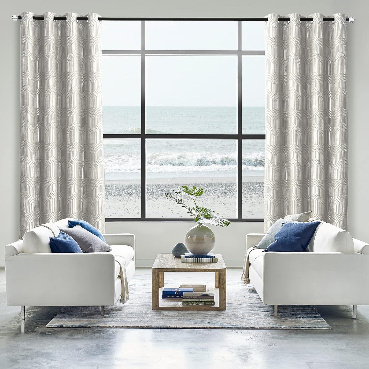 Beige and Silvery 100% Blackout Jacquard Geometric Pattern Curtains,52 Inch Wide 96 Inches Long 2 Panels, Thermal Insulated Noise Reducing Anti-Rust Grommet Drapes for Bedroom Living Room, Cream