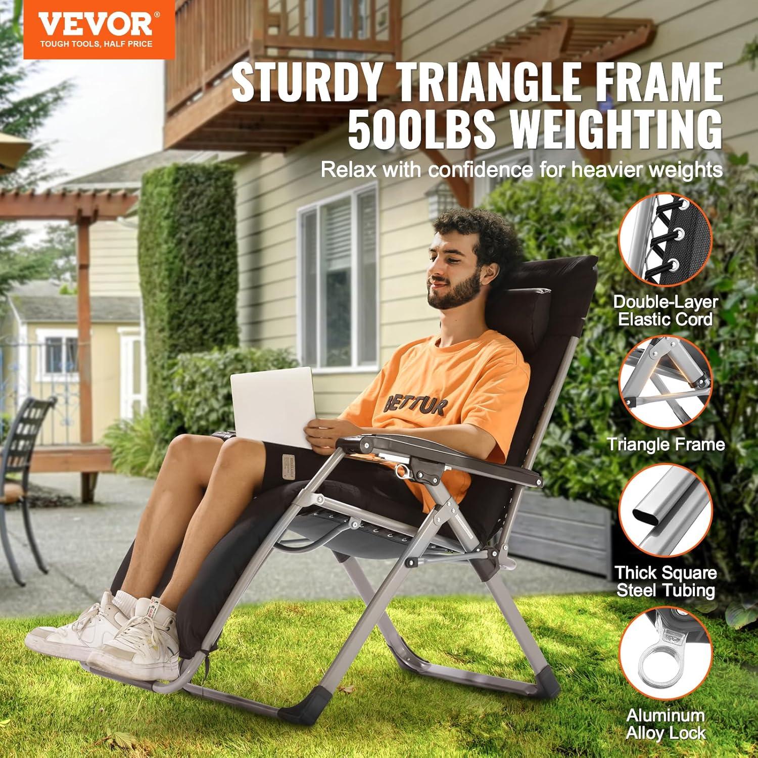 VEVOR 26" Zero Gravity Recliner Lounge Chair - Heavy-Duty Folding Indoor/Outdoor Lounger