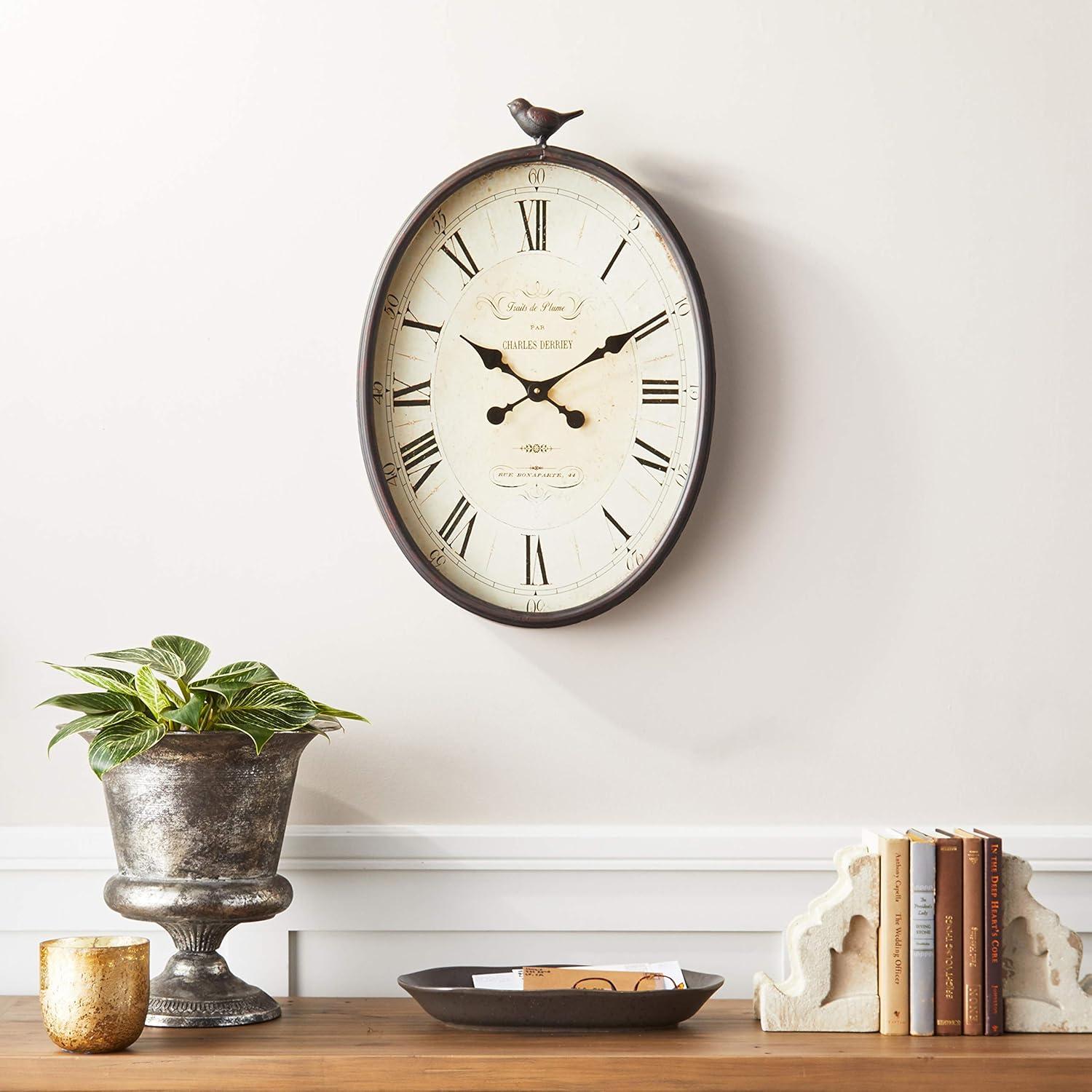 Storied Home 17" x 25-1/4" Metal Wall Clock with Bird Rust - 3R Studios: Indoor Oval Timepiece, No Choking Hazard