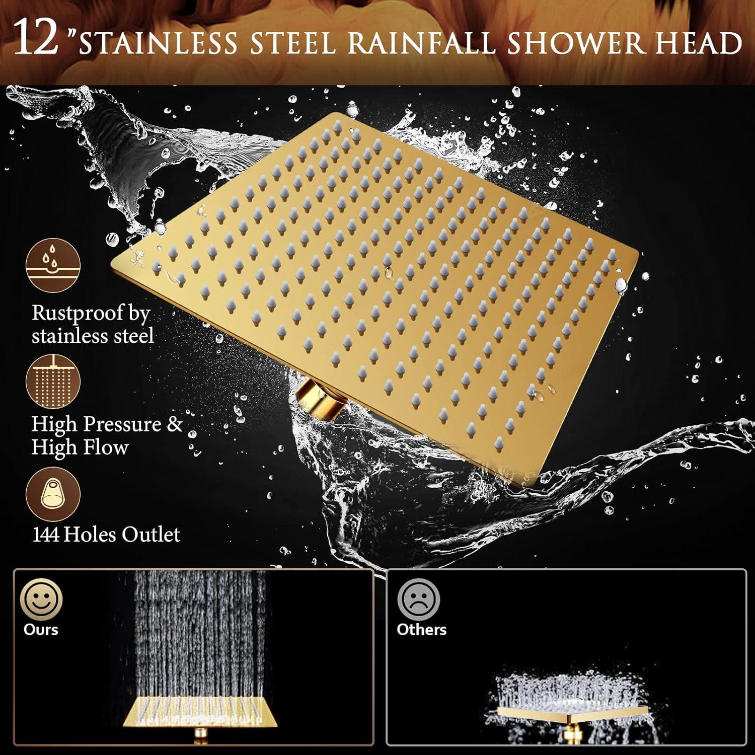 12'' Shower Head with Handheld, High Pressure Rainfall Shower Head Combo with 11'' Adjustable Extension Arm, 5 Setting Hand Held Shower Head with 60 Inch Shower Hose. Anti-Leak (Gold)