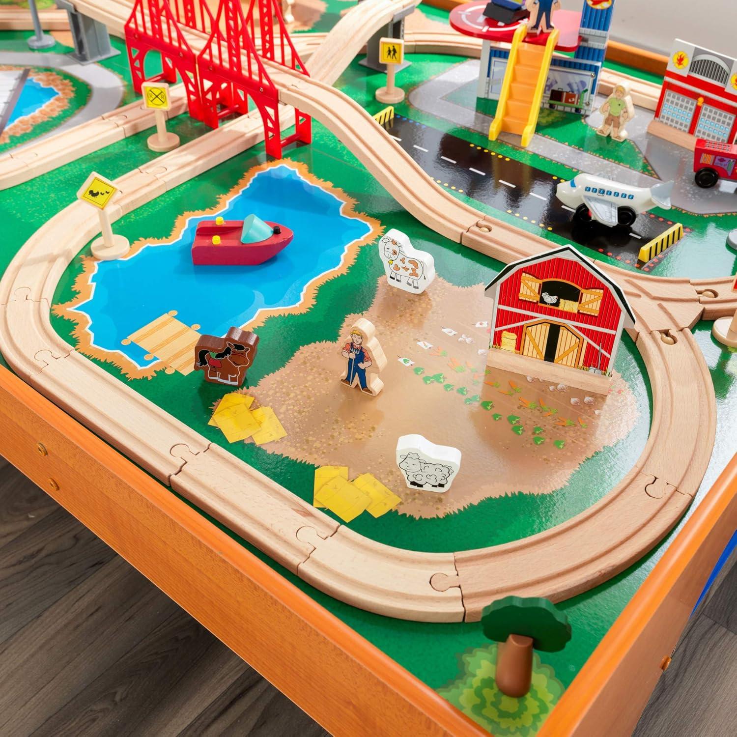 Ride Around Town Wooden Train Set with Table and 100 Pieces