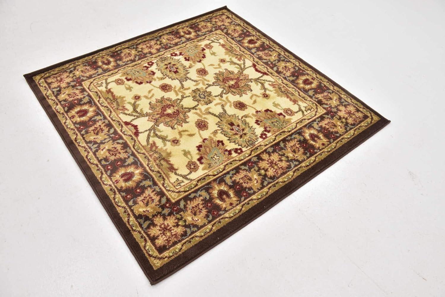 Ivory and Brown Square Synthetic Traditional Area Rug