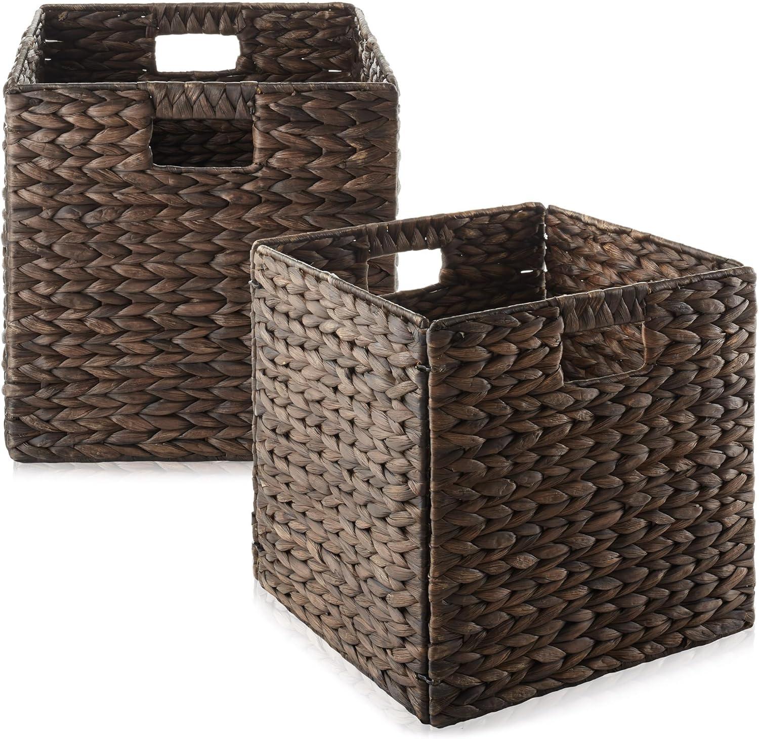 Casafield 12" x 12" Water Hyacinth Storage Baskets - Set of 2 Collapsible Cubes, Woven Bin Organizers for Bathroom, Bedroom, Laundry, Pantry, Shelves