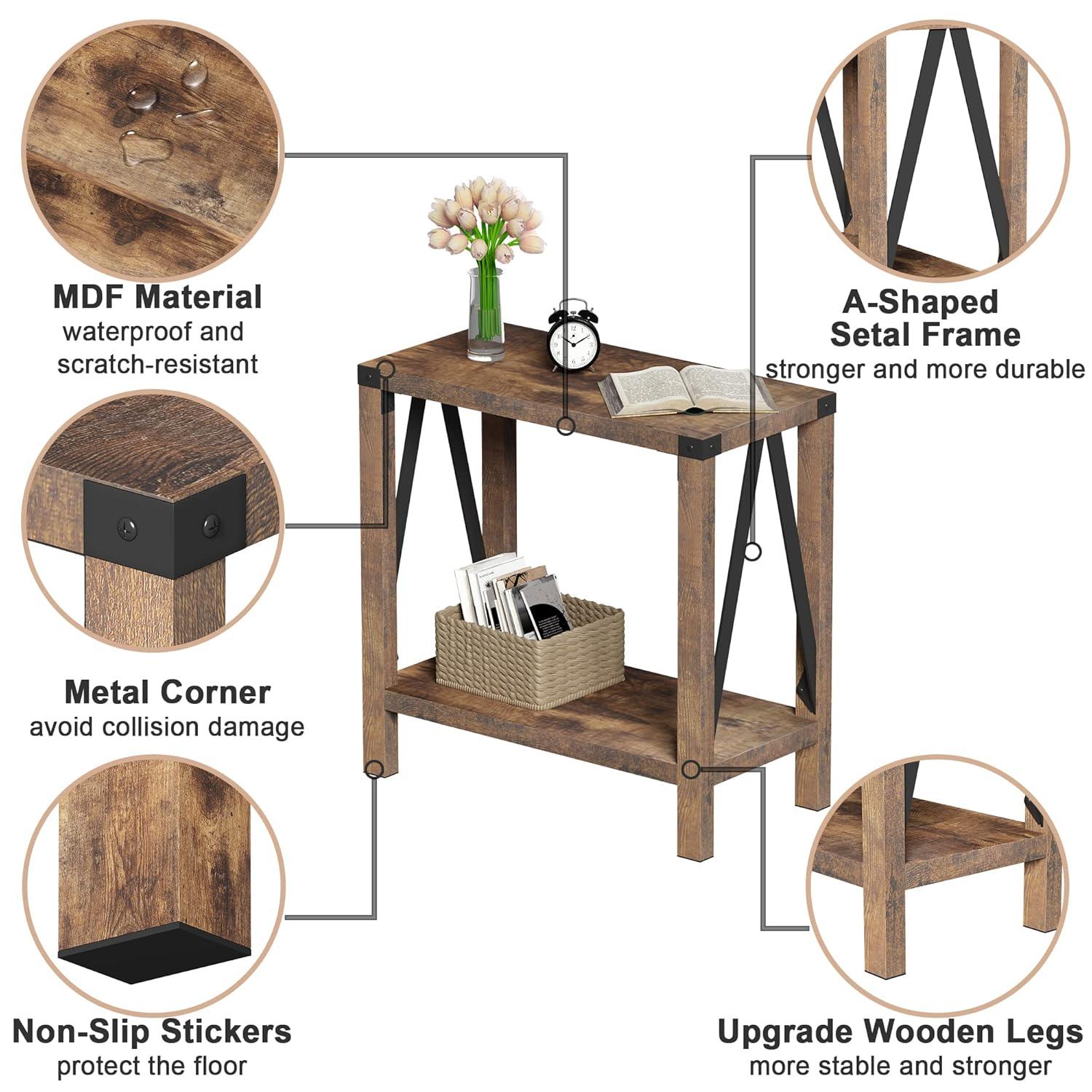 Gracie Oaks Farmhouse End Table For Small Spaces, Narrow Side End Table With Storage Shelf, Rustic A-Design Nightstand Sofa Table For Living Room, Bedroom 2 Pack