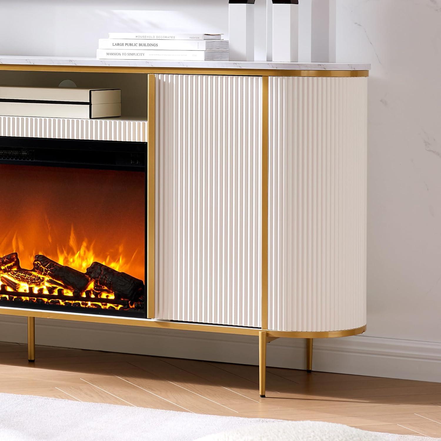 SinCiDo Luxury 70" Fluted TV Stand, Modern TV Console for TVs Up to 80 inches, Faux Marble Top & Curved Design, Off White