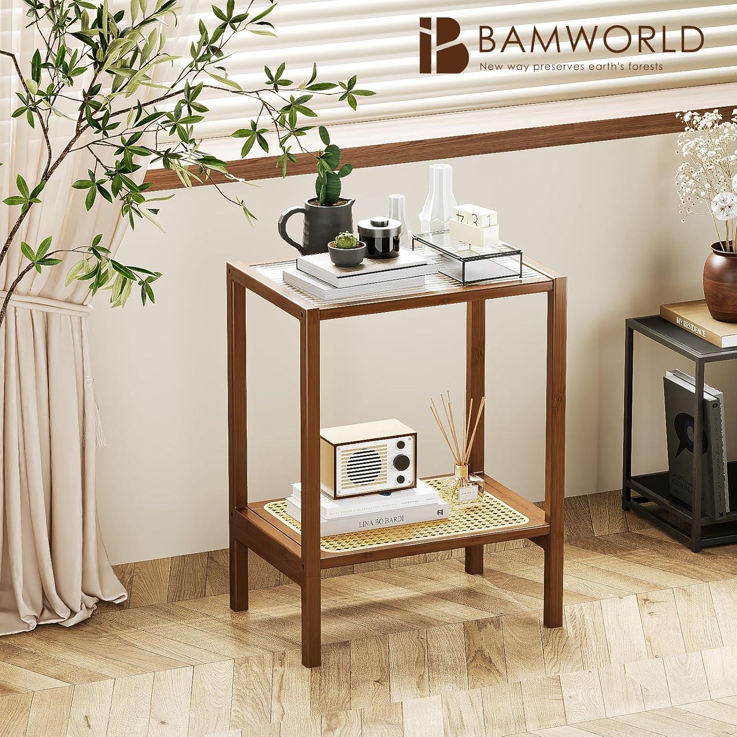 Bamboo and Glass 2-Tier Rattan Side Table