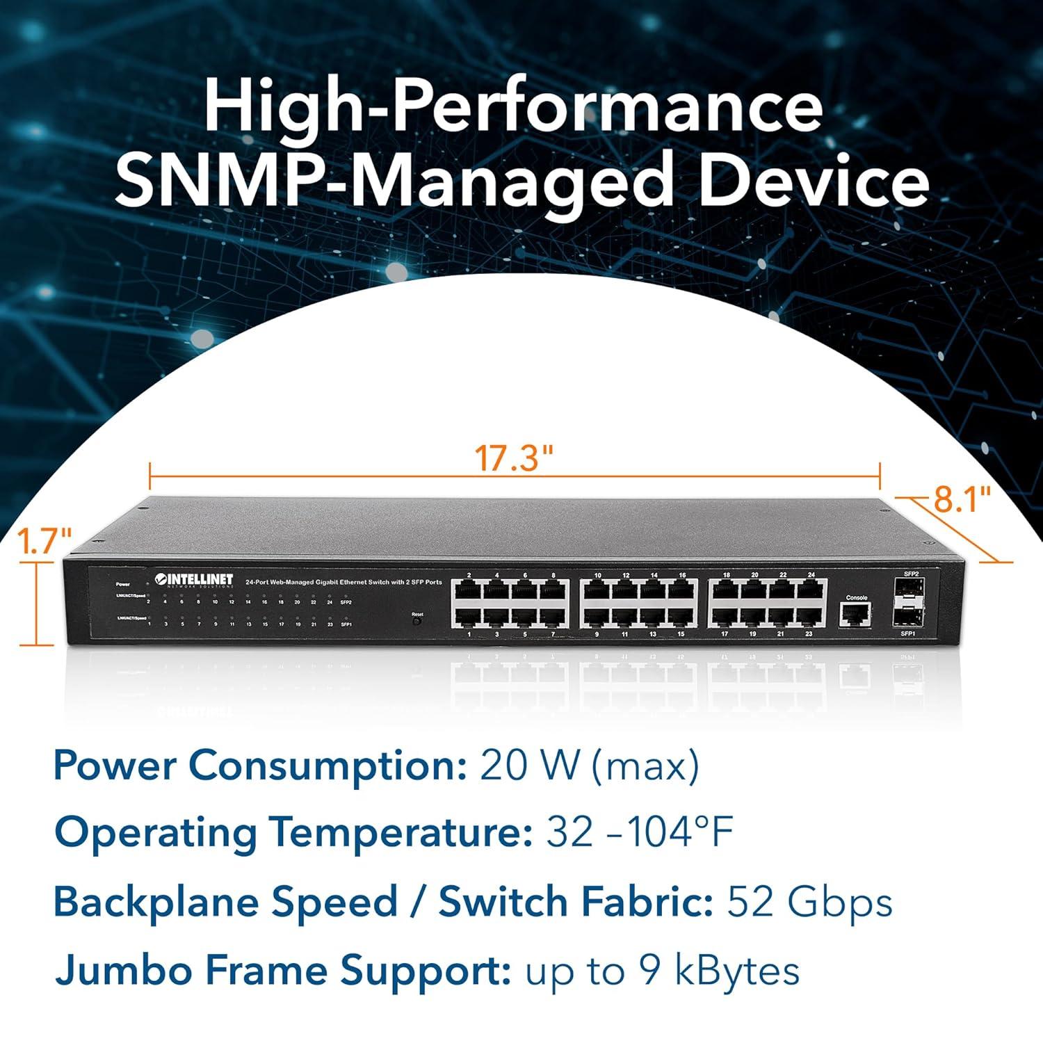 Intellinet 24-Port Web-Managed Gigabit Ethernet Switch with 2 SFP Ports | Fanless | VLAN, SNMP, 802.1X | NDAA