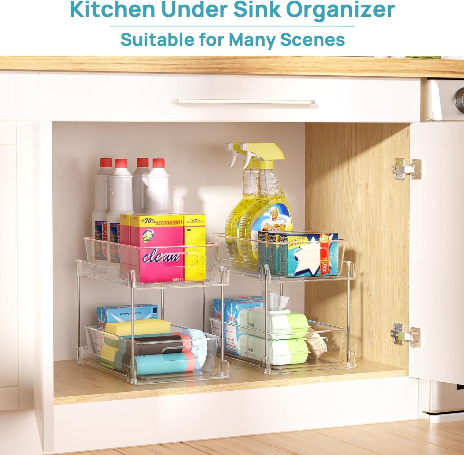 Rakbon 2 Tier Clear Under Sink Organizers 4 Pack