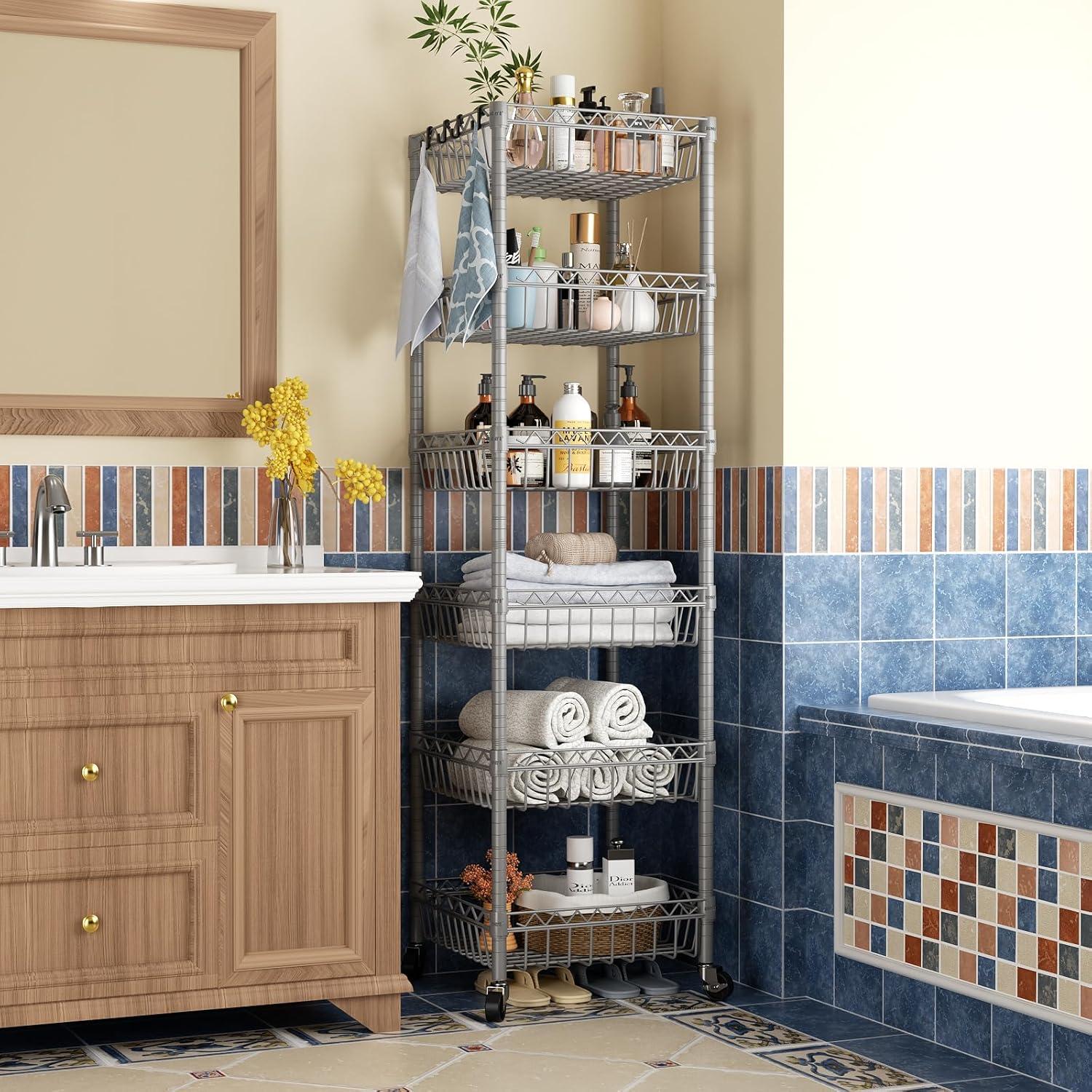 SINGAYE 6 Tier Shelf Adjustable Storage Shelves Rack Standing Units with Wheels Closet Wire Shelving Organizers Metal Pantry Kitchen Laundry Room 13.5" D x 13.5" W x 63" H Silver