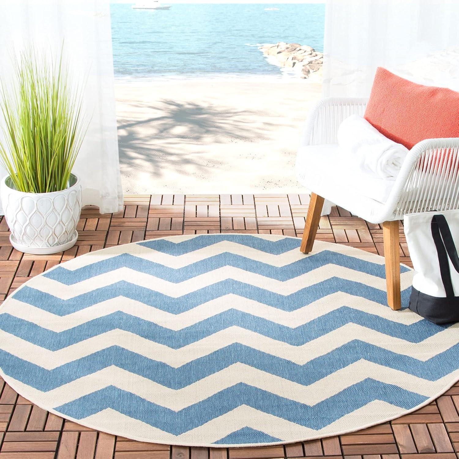 Reversible Blue and Beige Chevron 4' Round Synthetic Area Rug