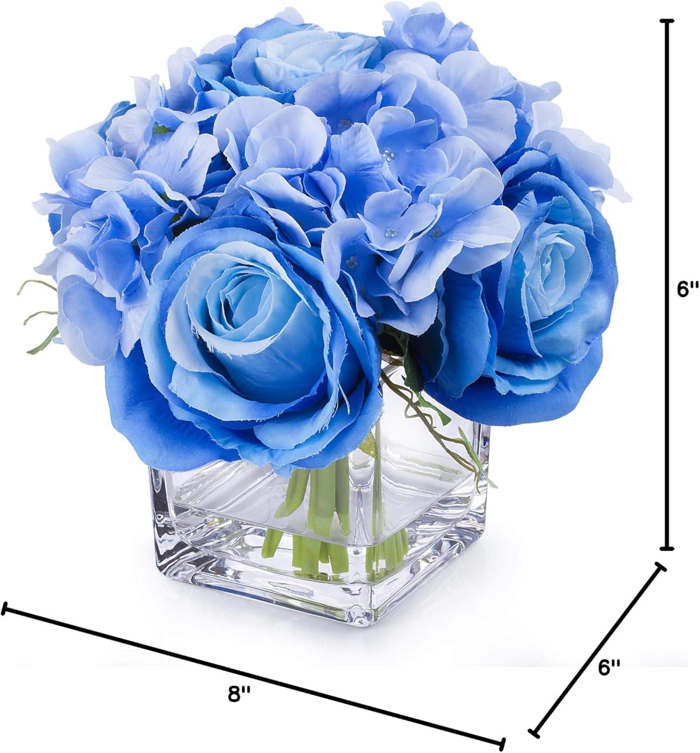 Enova Home Mixed Artificial Silk Hydrangea and Roses Faux Flowers Arrangement in Ceramic Pot for Home Office Wedding Decoration (Blue)