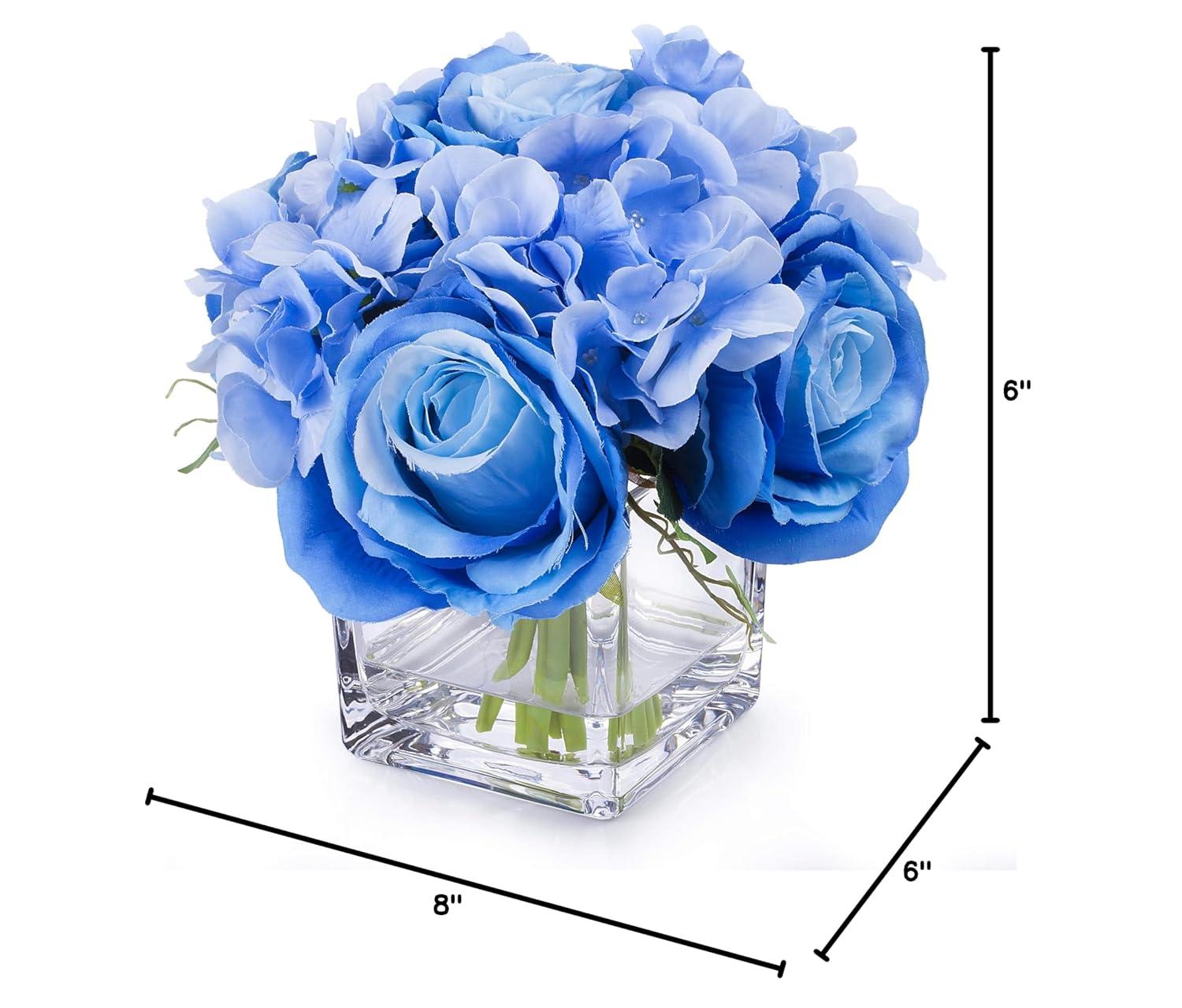 Enova Home Mixed Artificial Silk Hydrangea and Roses Faux Flowers Arrangement in Ceramic Pot for Home Office Wedding Decoration (Blue)