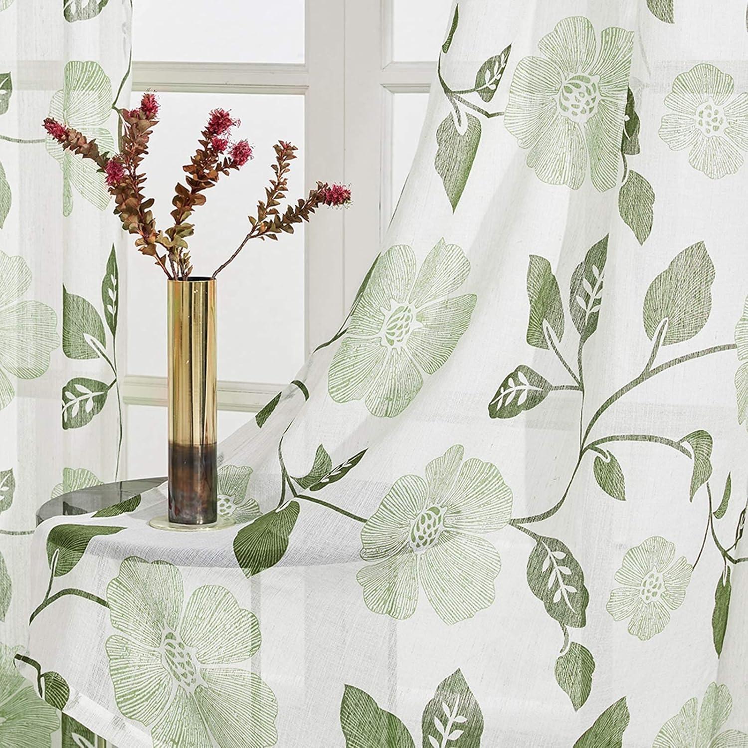 Olive Floral Sheer Polyester Linen Rod Pocket Curtains