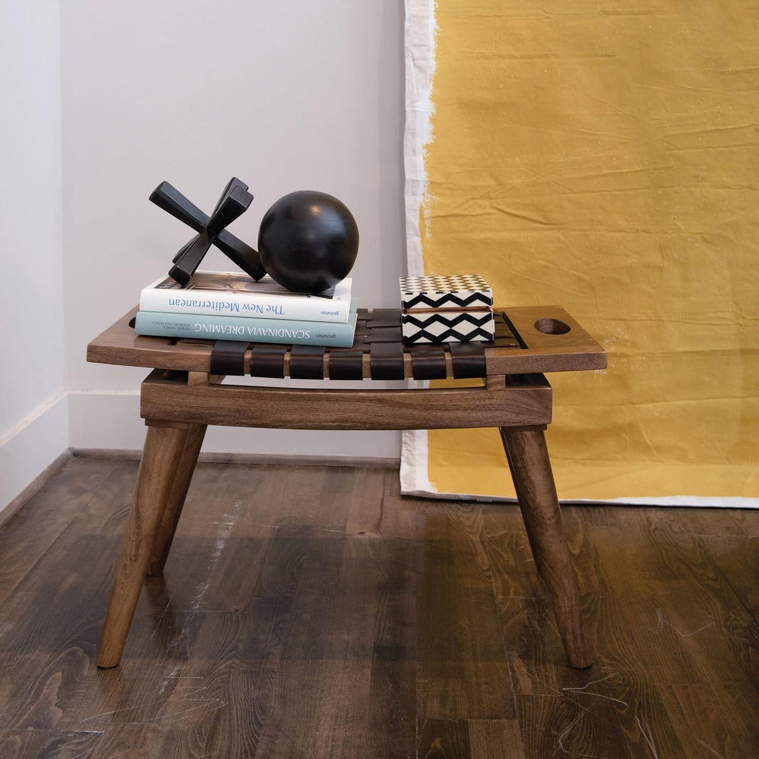 Brown Mango Wood Stool with Woven Leather Seat