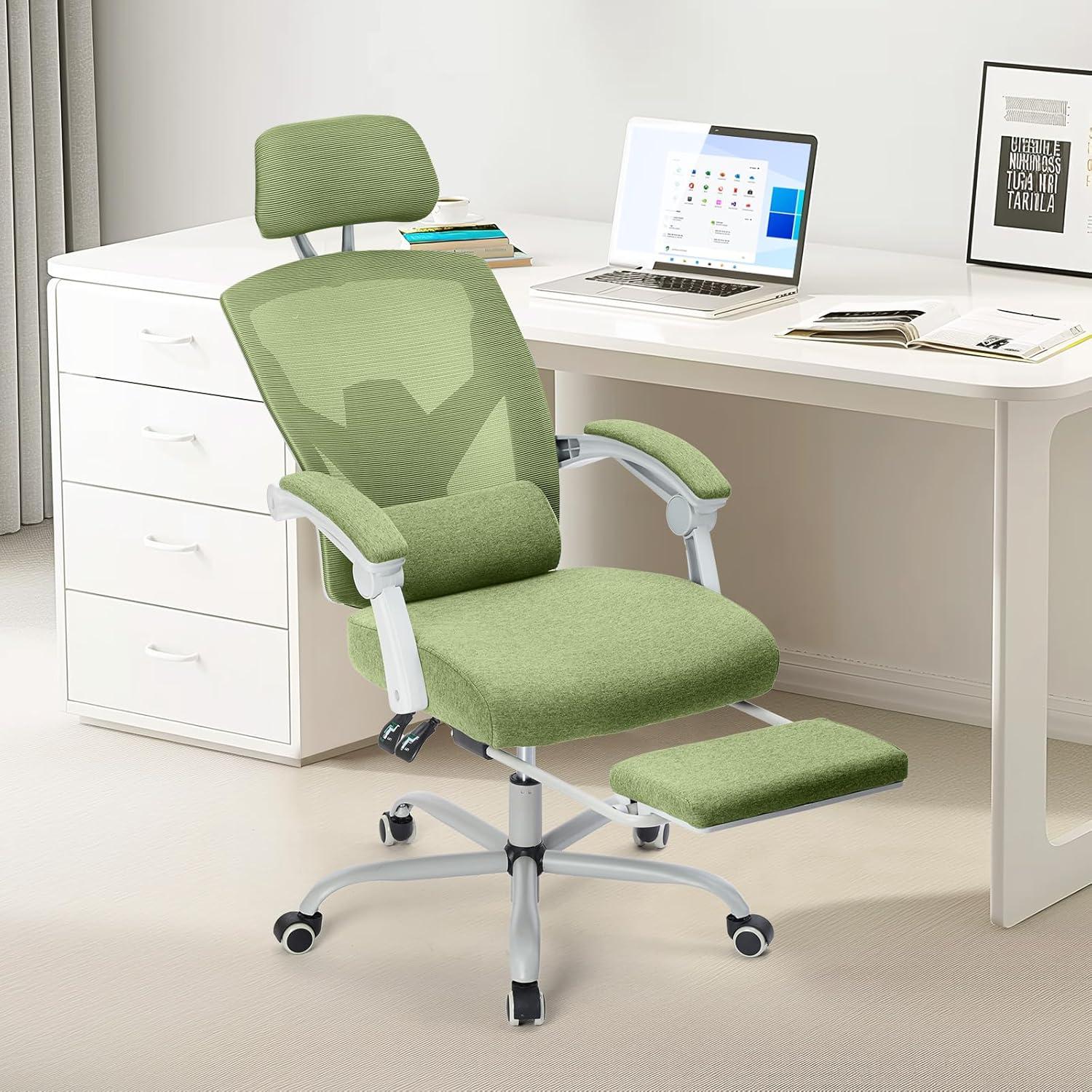 Green High-Back Mesh Swivel Office Chair with Footrest