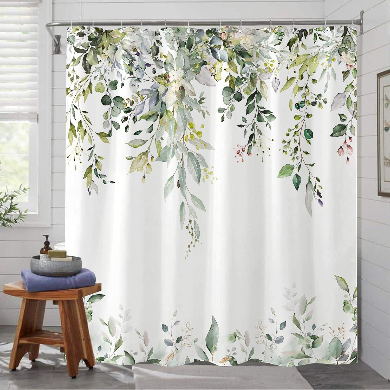 kampdream Eucalyptus Plant Rustic Shower Curtain, Watercolor Leaves On The Top Country Farm House Shower Curtain, Spring Botanical Bathroom Curtain 72 ×72 Inch