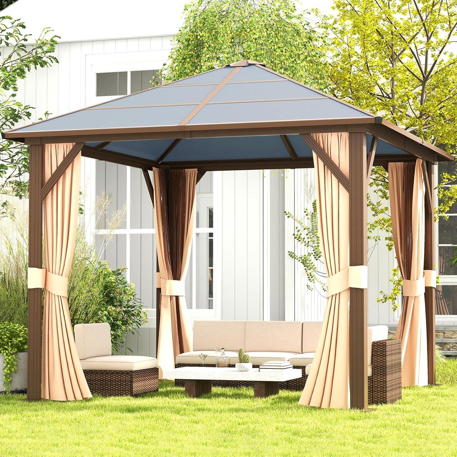 JolyDale 10 ft. x 10 ft. Patio Hardtop Gazebo, Outdoor Aluminum Frame Canopy with Netting and Curtain for Garden, Patio, Lawns, Brown