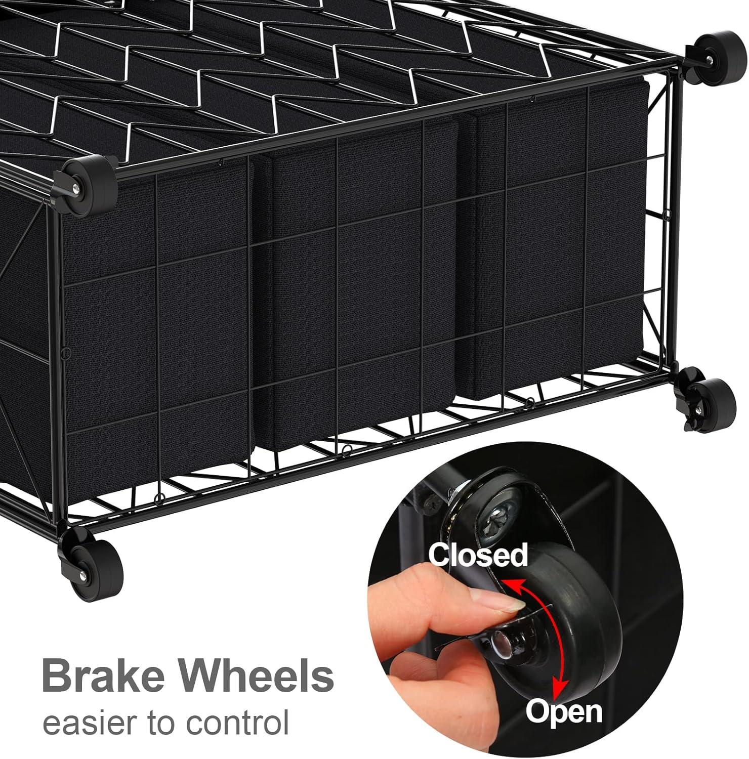 Black Laundry Basket with Wheels - 142L Capacity, 3 Section with Lid, Removable Bags