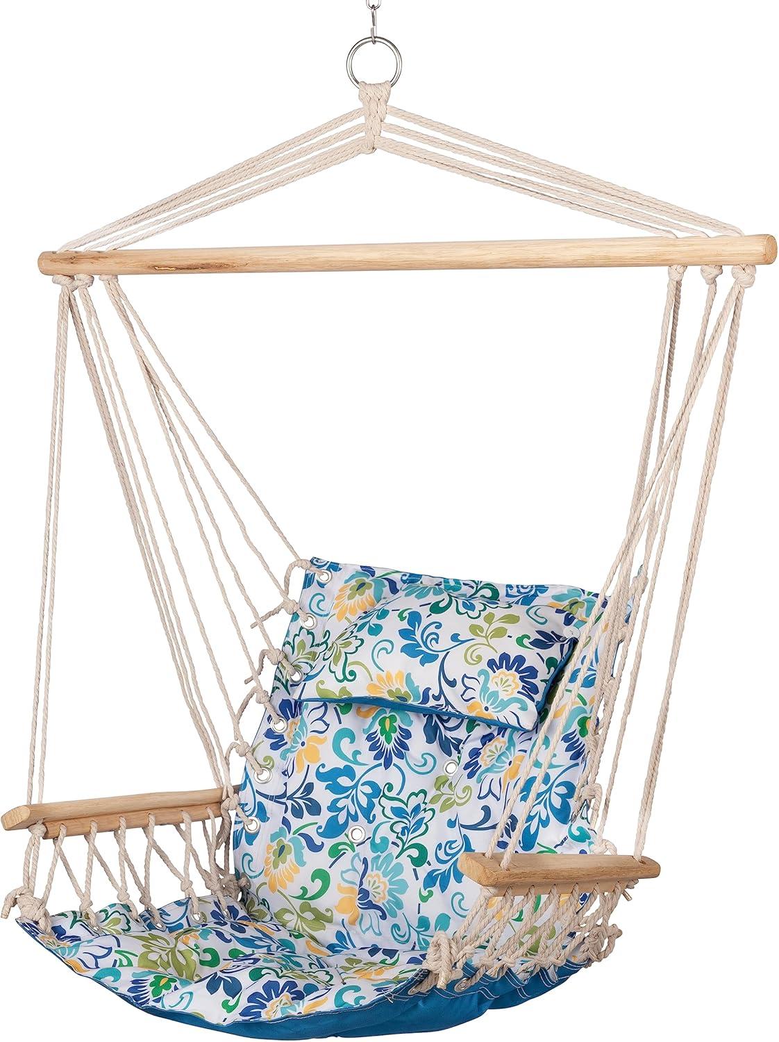 Extra Padded Blue Floral Fabric Hammock Chair with Wooden Armrests