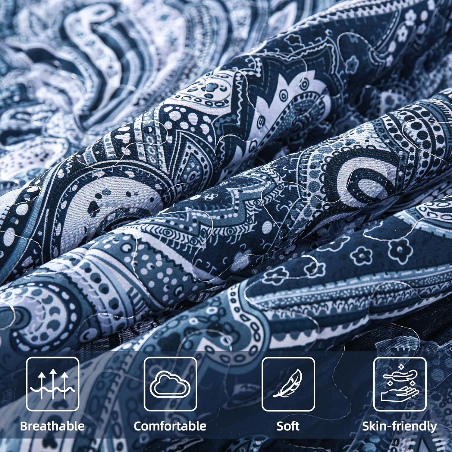 DJY Navy Paisley Quilt Set Queen Boho Bedspread Coverlet Set 3 Pieces, Soft Lightweight Microfiber Navy Blue Paisley Floral Pattern Bedding for All Season, 96"x90"